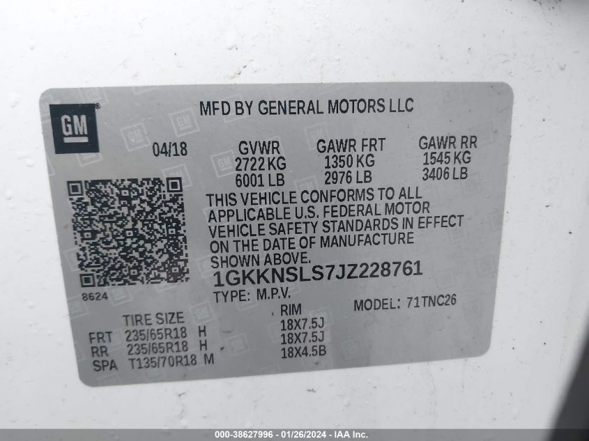 2018 GMC ACADIA SLE-2 - 1GKKNSLS7JZ228761