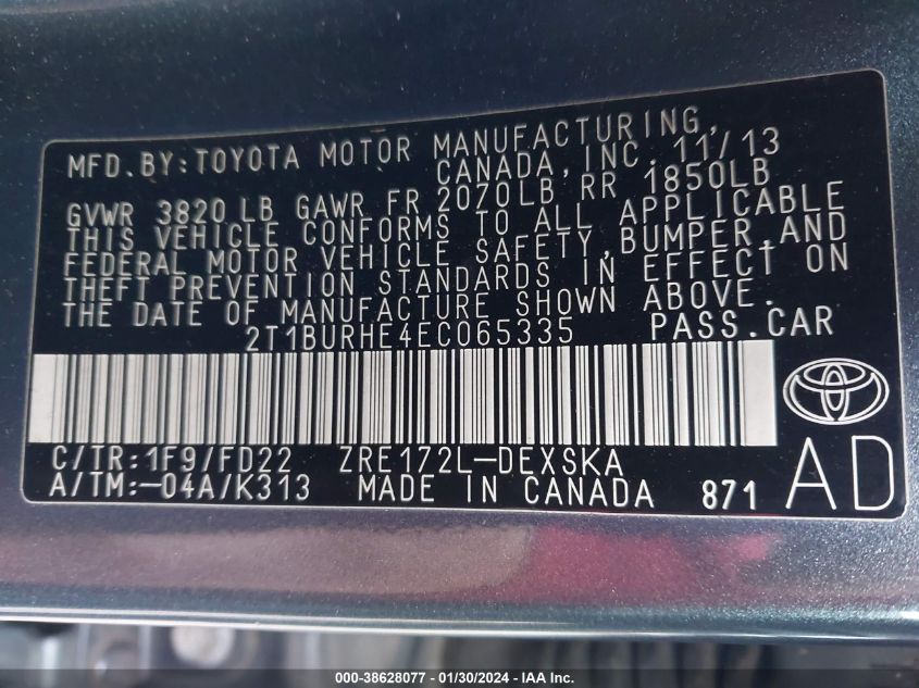 2014 TOYOTA COROLLA S PLUS - 2T1BURHE4EC065335
