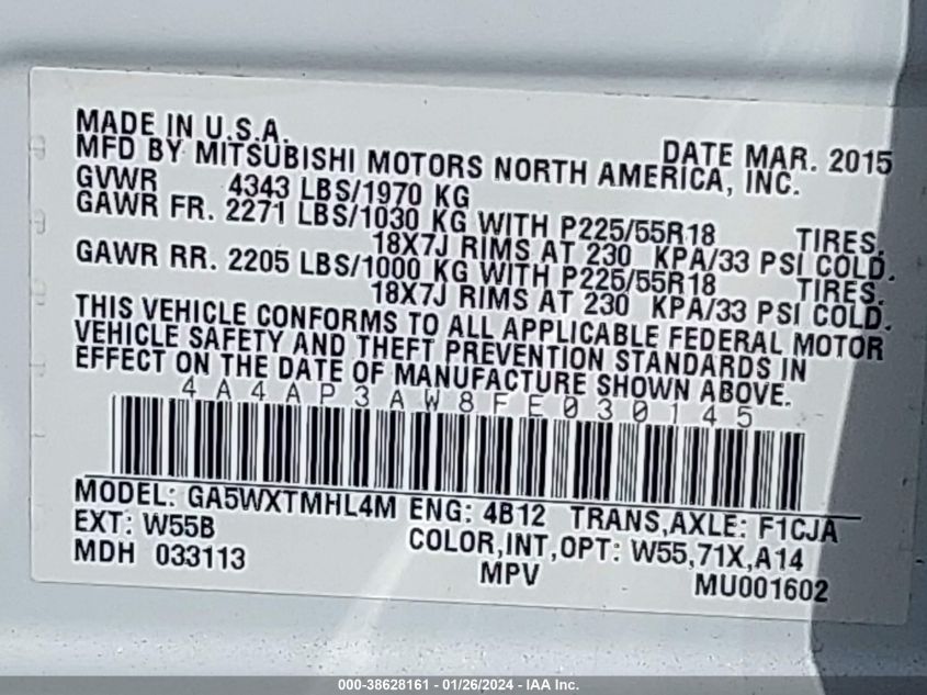 2015 MITSUBISHI OUTLANDER SPORT ES - 4A4AP3AW8FE030145