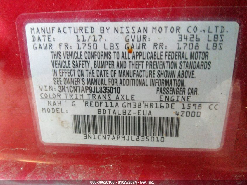 2018 NISSAN VERSA 1.6 SV - 3N1CN7AP9JL835010