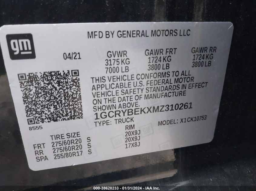 2021 CHEVROLET SILVERADO 1500 4WD DOUBLE CAB STANDARD BED CUSTOM - 1GCRYBEKXMZ310261