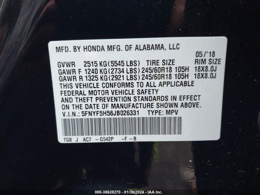 2018 HONDA PILOT EXL - 5FNYF5H56JB026331