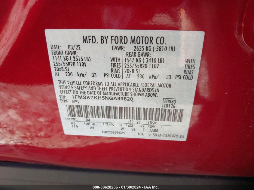 2022 FORD EXPLORER ST-LINE - 1FMSK7KH5NGA99620