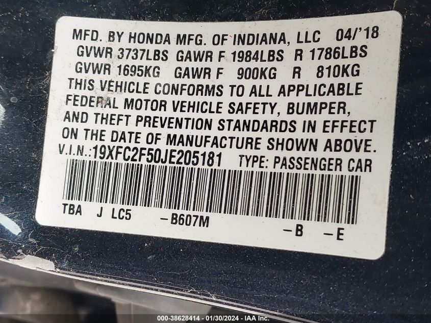 2018 HONDA CIVIC LX - 19XFC2F50JE205181