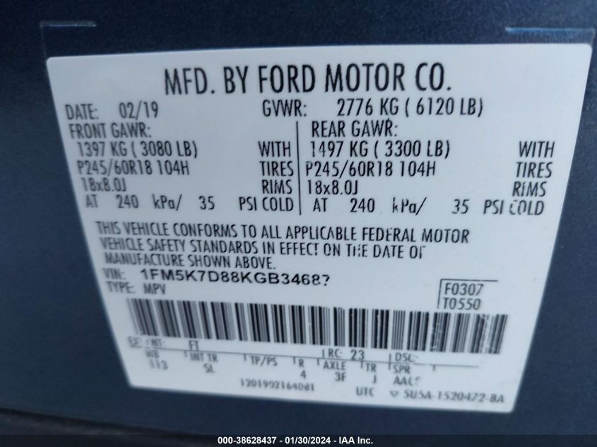 2019 FORD EXPLORER XLT - 1FM5K7D88KGB34687