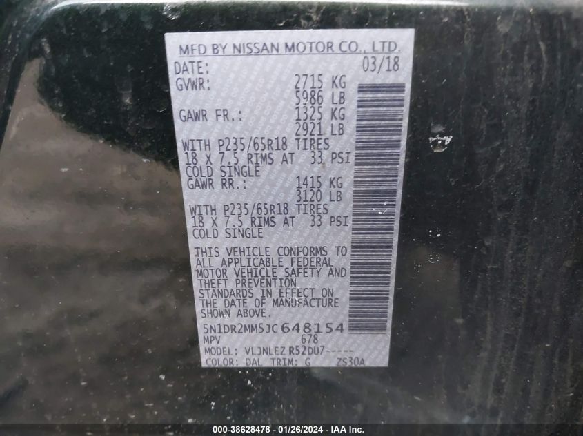 2018 NISSAN PATHFINDER SV - 5N1DR2MM5JC648154