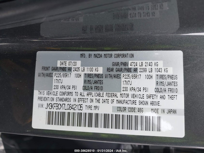 VIN JM3KFBCM7L0842105 2020 MAZDA CX-5 TOURING