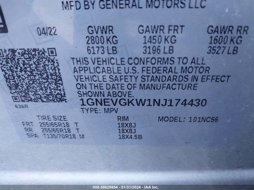2022 CHEVROLET TRAVERSE LT - 1GNEVGKW1NJ174430