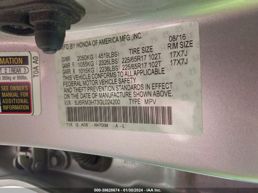 2016 HONDA CR-V EXL - 5J6RM3H73GL024200