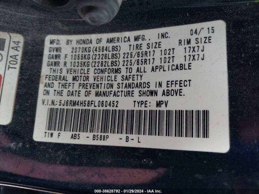 2015 HONDA CR-V EX - 5J6RM4H58FL060452