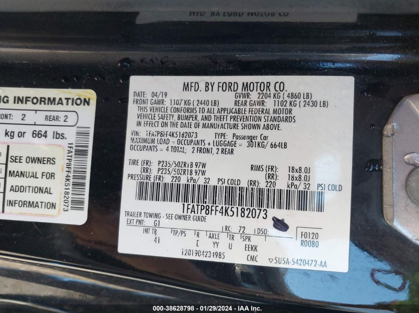 2019 FORD MUSTANG GT PREMIUM - 1FATP8FF4K5182073