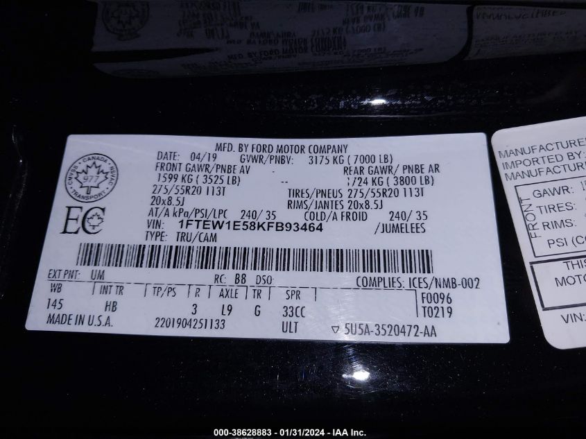 2019 FORD F-150 LARIAT - 1FTEW1E58KFB93464