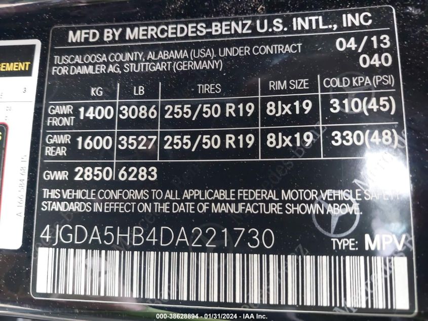 2013 MERCEDES-BENZ ML 350 4MATIC - 4JGDA5HB4DA221730