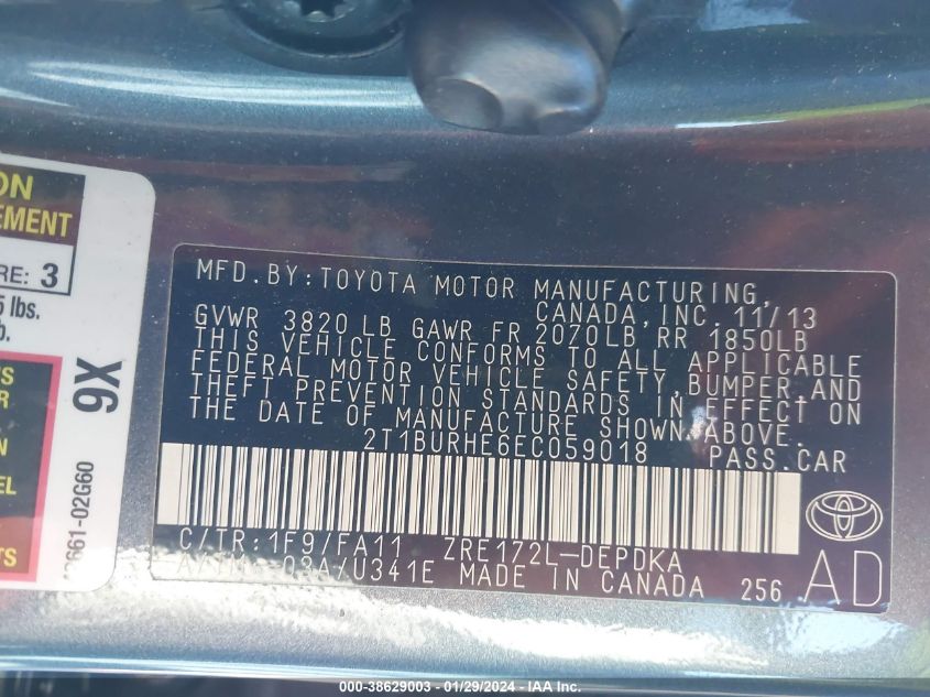 2014 TOYOTA COROLLA L - 2T1BURHE6EC059018