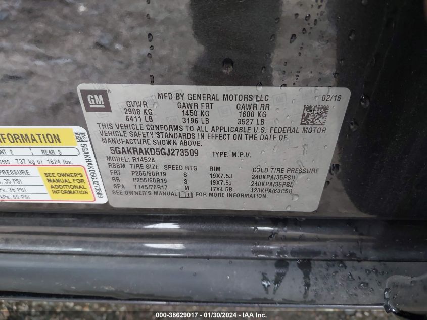 2016 BUICK ENCLAVE CONVENIENCE - 5GAKRAKD5GJ273509