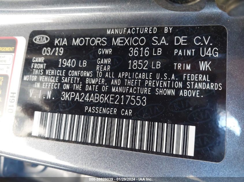 2019 KIA RIO S - 3KPA24AB6KE217553