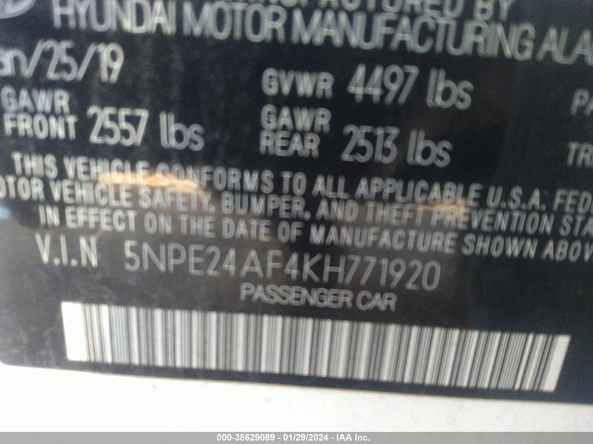 VIN 5NPE24AF4KH771920 2019 HYUNDAI SONATA SE