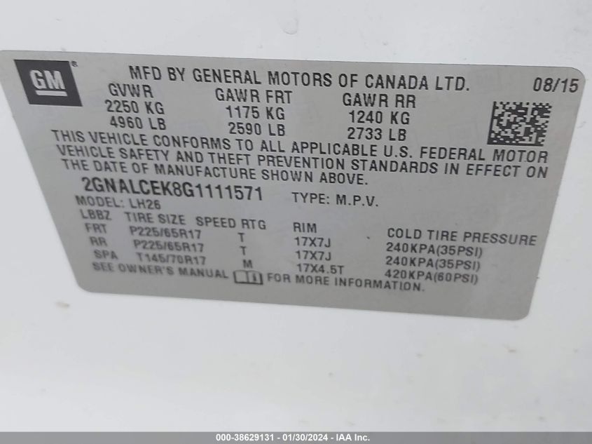 2016 CHEVROLET EQUINOX LT - 2GNALCEK8G1111571