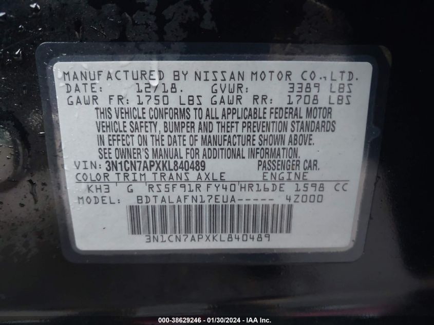 2019 NISSAN VERSA 1.6 S - 3N1CN7APXKL840489