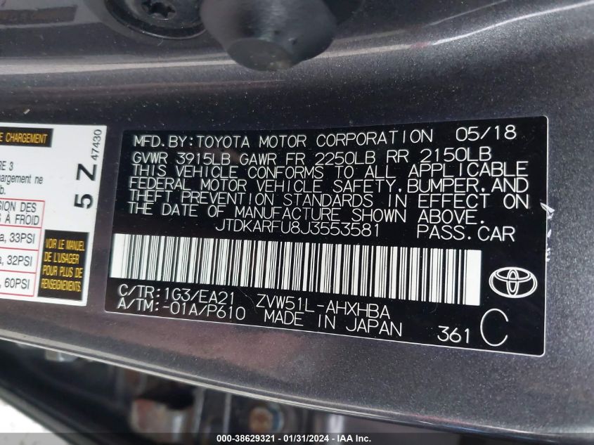 2018 TOYOTA PRIUS - JTDKARFU8J3553581