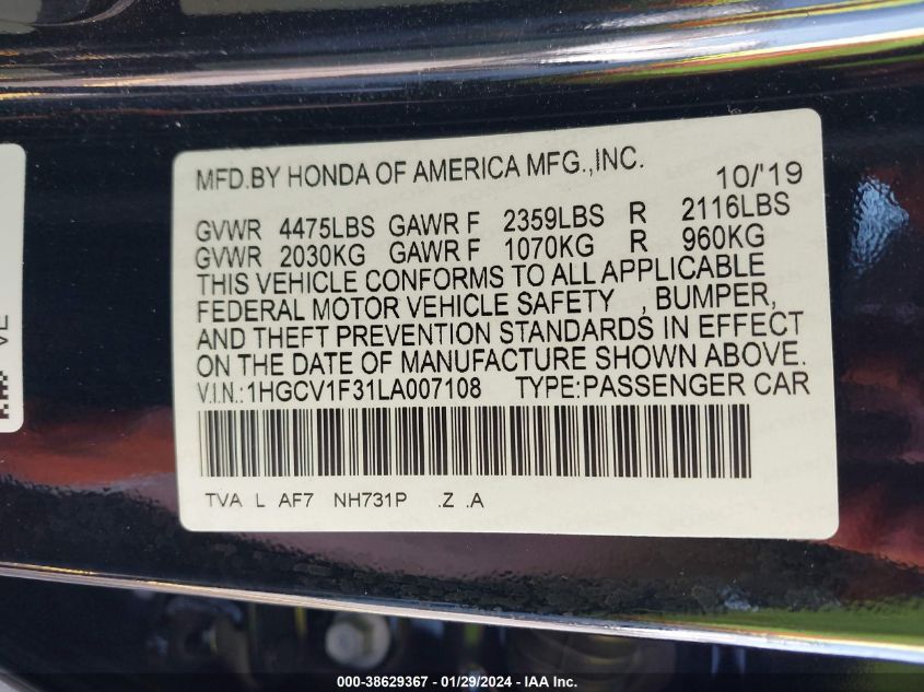 2020 HONDA ACCORD SPORT - 1HGCV1F31LA007108