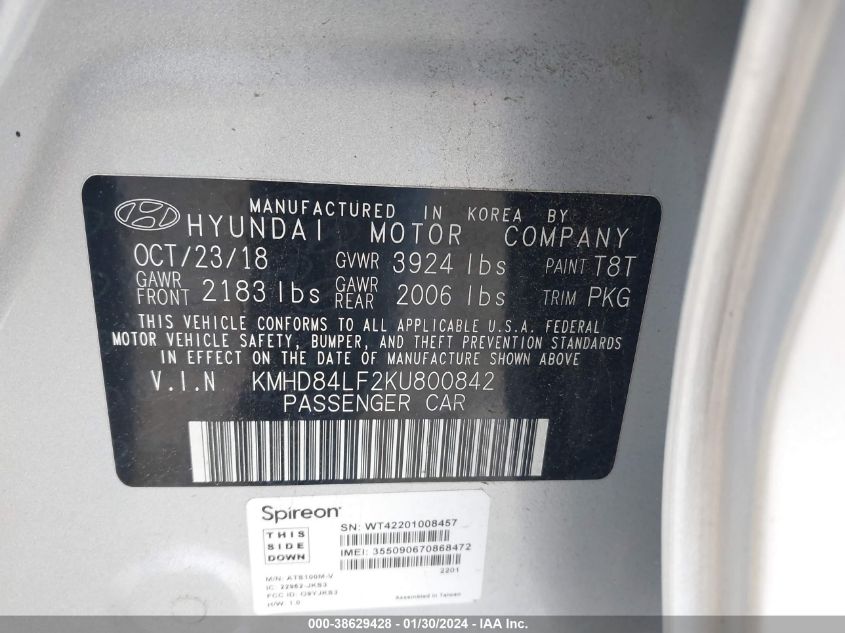 2019 HYUNDAI ELANTRA SEL - KMHD84LF2KU800842