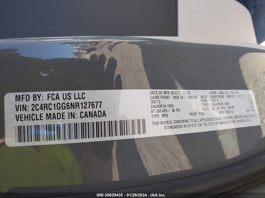 VIN 2C4RC1GG6NR127677 2022 CHRYSLER PACIFICA LIMITED