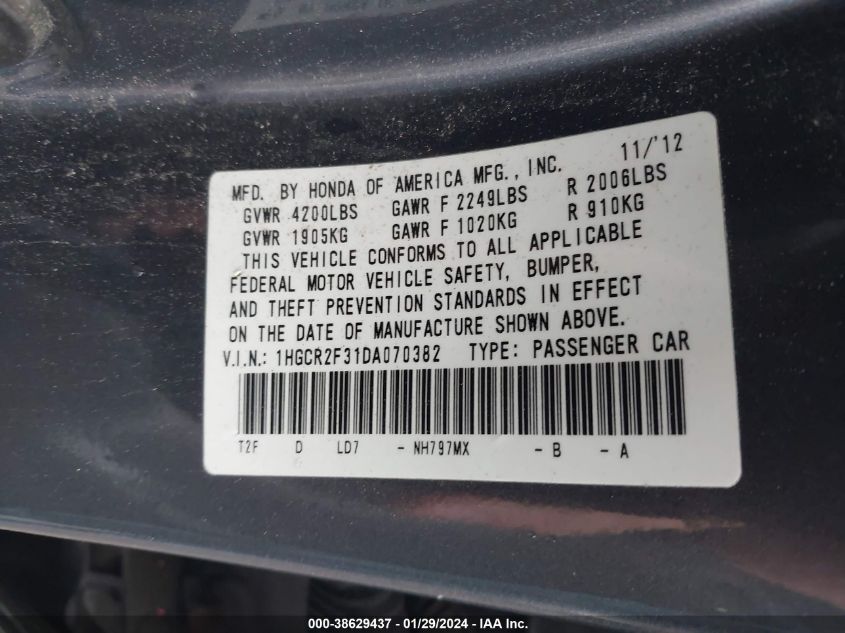 2013 HONDA ACCORD LX - 1HGCR2F31DA070382