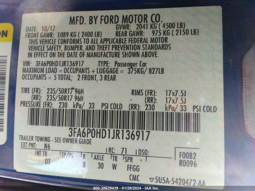 2018 FORD FUSION SE - 3FA6P0HD1JR136917