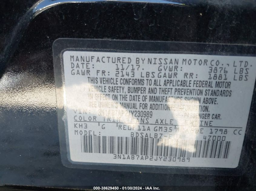 2018 NISSAN SENTRA S/SV/SR/SL - 3N1AB7AP2JY230989