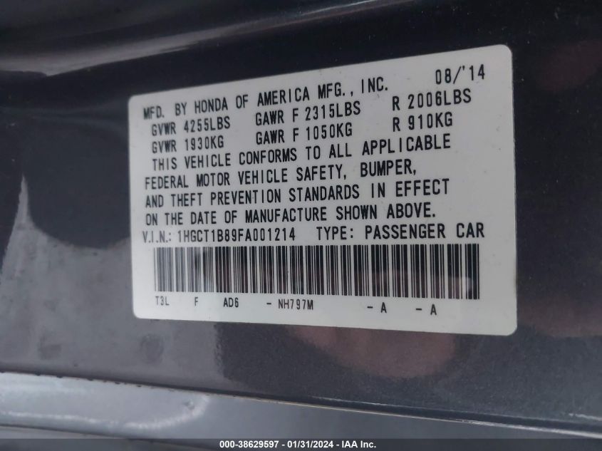 2015 HONDA ACCORD EX-L - 1HGCT1B89FA001214