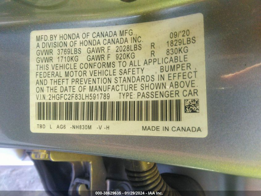 2020 HONDA CIVIC SPORT - 2HGFC2F83LH591789
