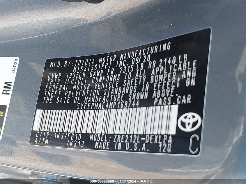 VIN 5YFEPMAE4MP169744 2021 TOYOTA COROLLA LE