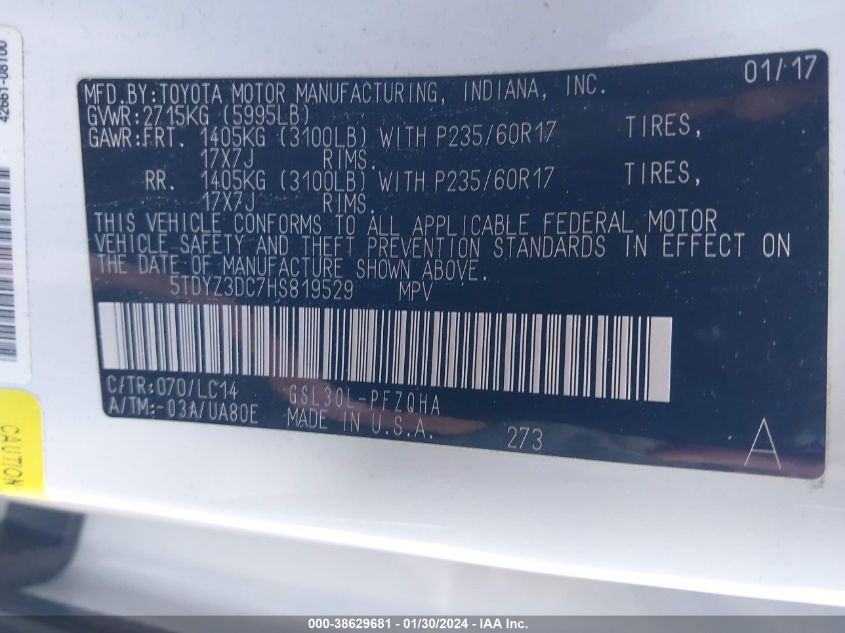 2017 TOYOTA SIENNA XLE 7 PASSENGER - 5TDYZ3DC7HS819529