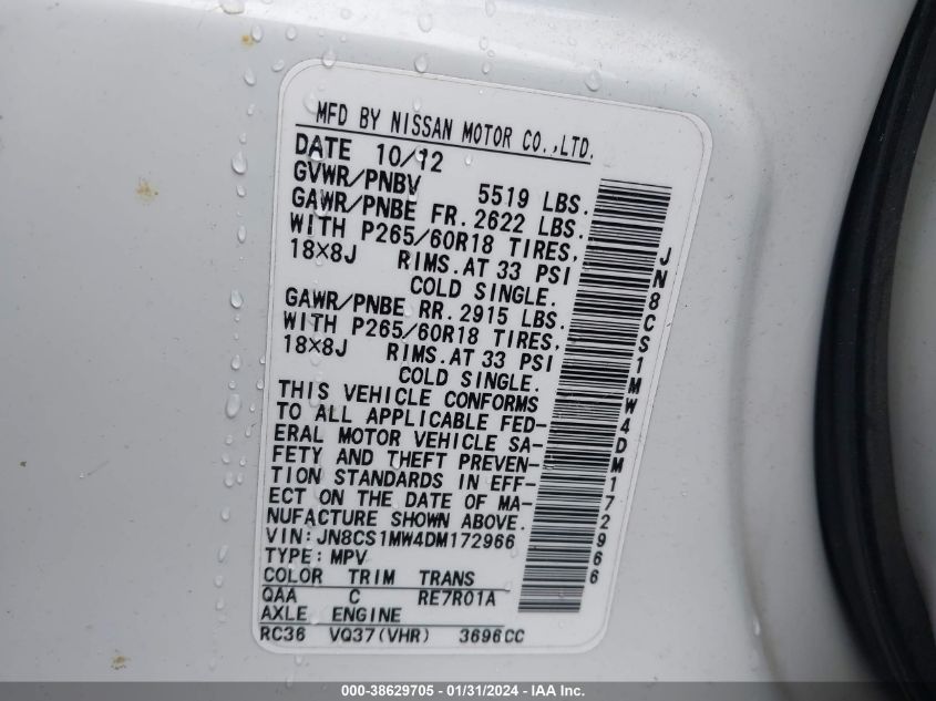 2013 INFINITI FX37 - JN8CS1MW4DM172966