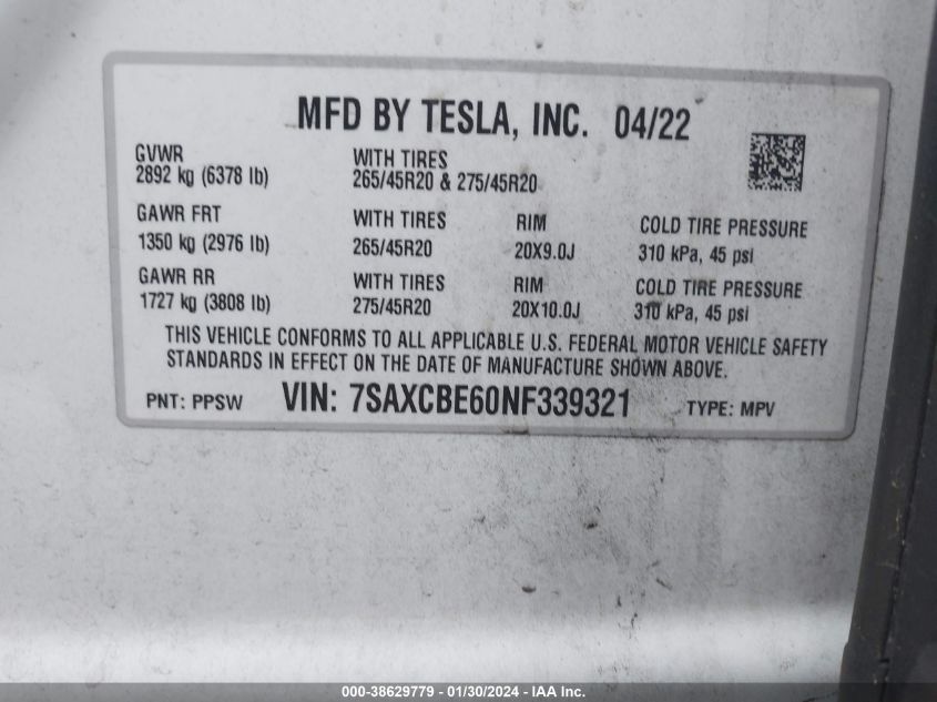 2022 TESLA MODEL X - 7SAXCBE60NF339321