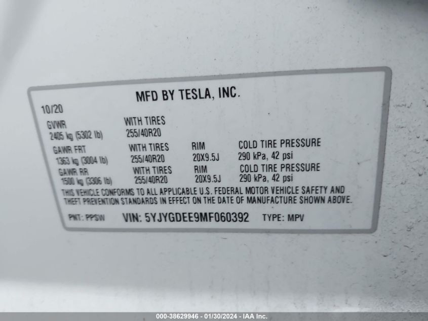 2021 TESLA MODEL Y LONG RANGE DUAL MOTOR ALL-WHEEL DRIVE - 5YJYGDEE9MF060392