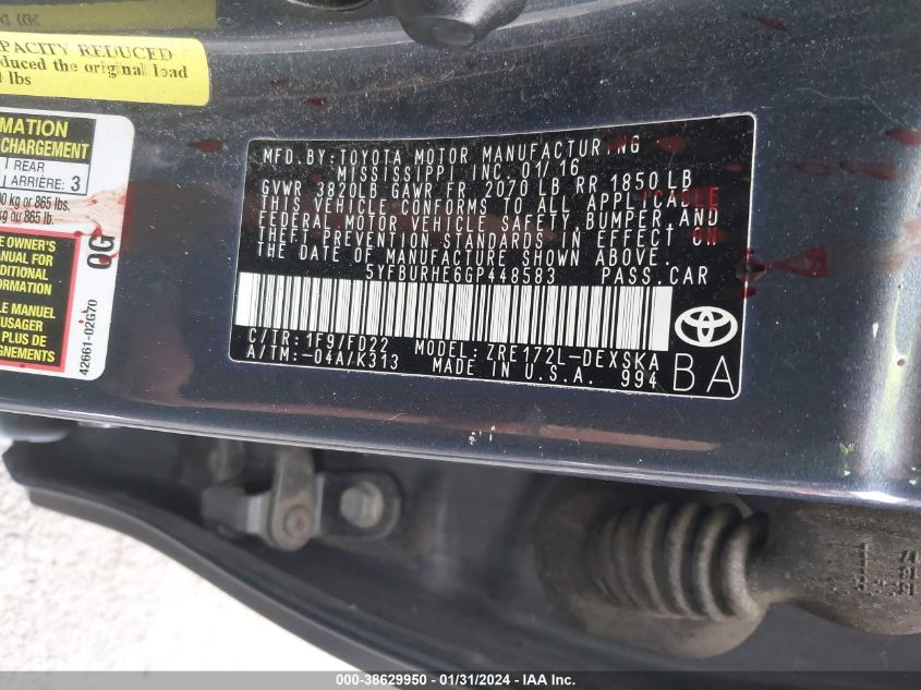 2016 TOYOTA COROLLA S - 5YFBURHE6GP448583