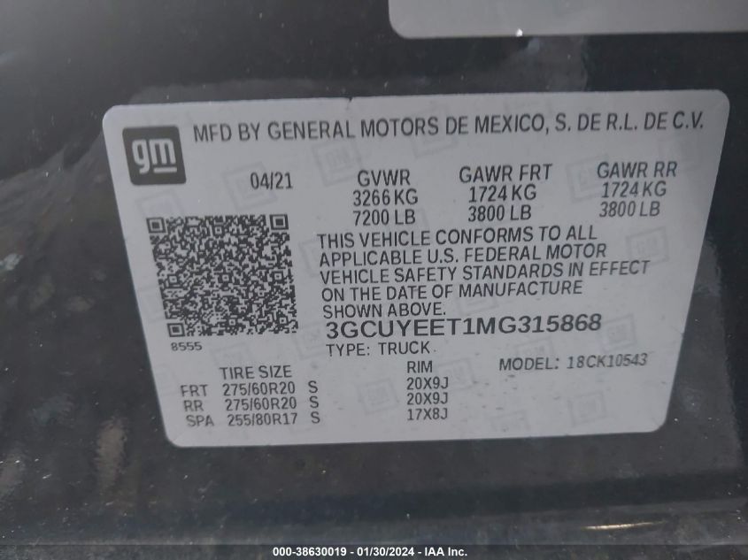 2021 CHEVROLET SILVERADO 1500 4WD  SHORT BED RST - 3GCUYEET1MG315868