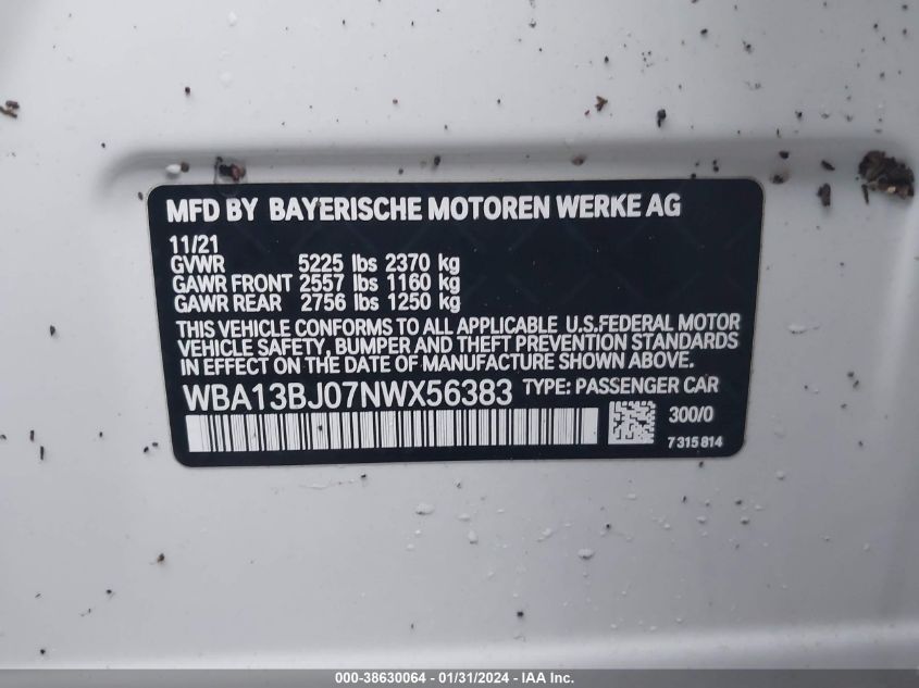 2022 BMW 530I XDRIVE - WBA13BJ07NWX56383
