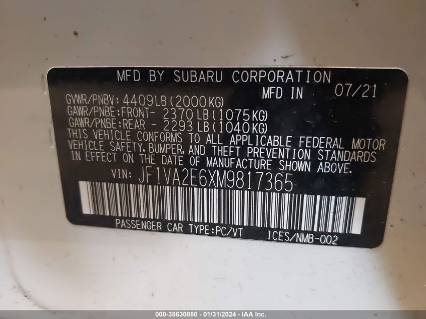2021 SUBARU WRX STI - JF1VA2E6XM9817365