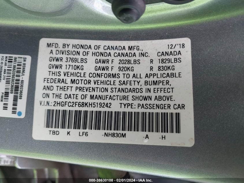 2019 HONDA CIVIC LX - 2HGFC2F68KH519242