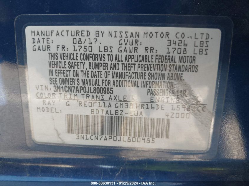 2018 NISSAN VERSA 1.6 SV - 3N1CN7AP0JL800985