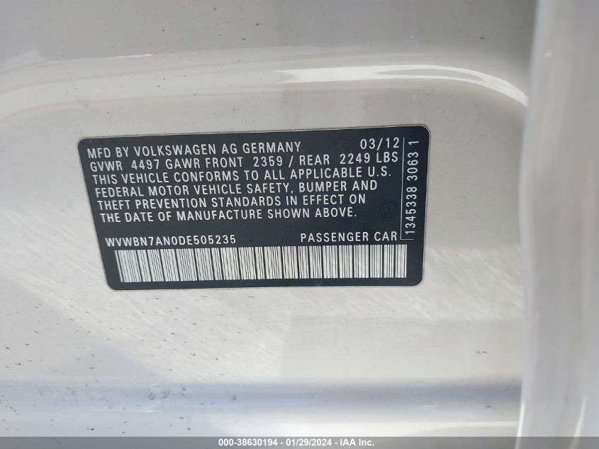2013 VOLKSWAGEN CC 2.0T SPORT PLUS - WVWBN7AN0DE505235