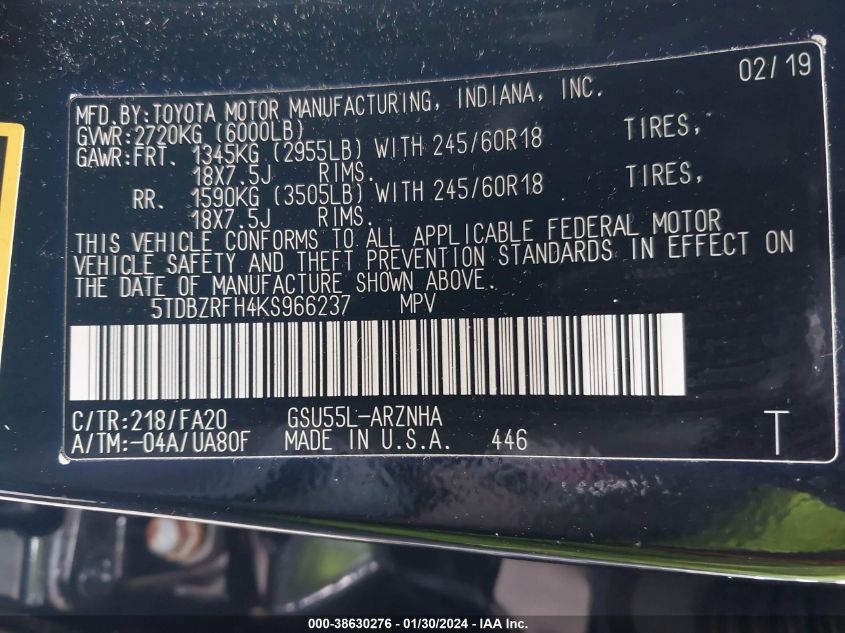 2019 TOYOTA HIGHLANDER LE PLUS - 5TDBZRFH4KS966237