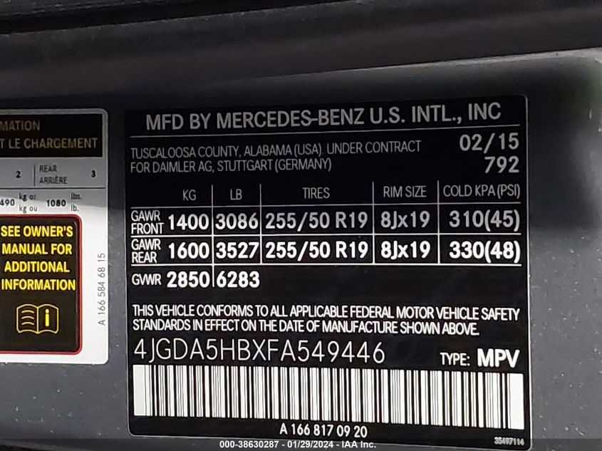 2015 MERCEDES-BENZ ML 350 4MATIC 4JGDA5HBXFA549446