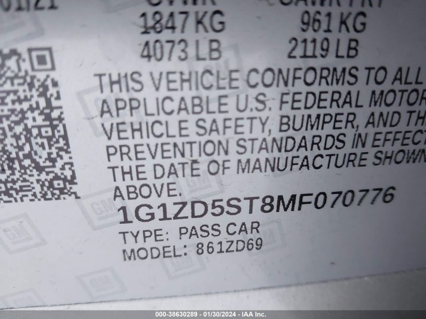2021 CHEVROLET MALIBU LT - 1G1ZD5ST8MF070776