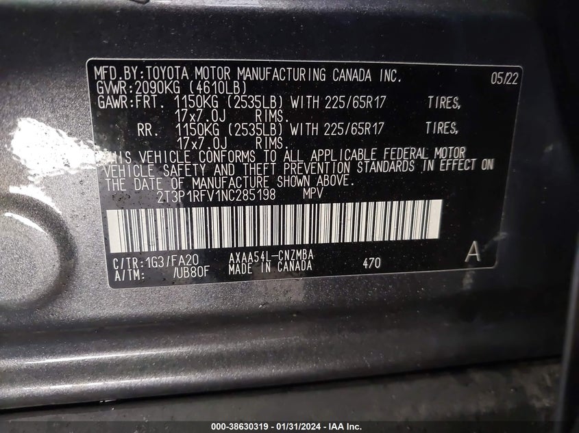 VIN 2T3P1RFV1NC285198 2022 TOYOTA RAV4 XLE/XLE PREMIUM