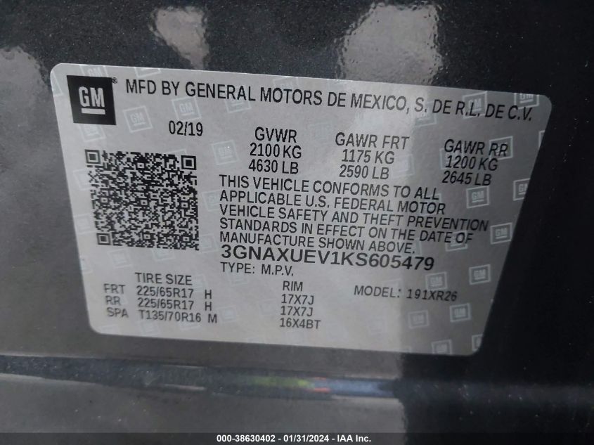 2019 CHEVROLET EQUINOX LT - 3GNAXUEV1KS605479