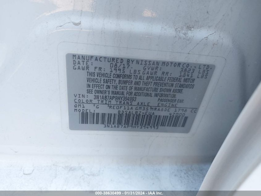 2017 NISSAN SENTRA S/SV/SR/SL - 3N1AB7AP9HY394993